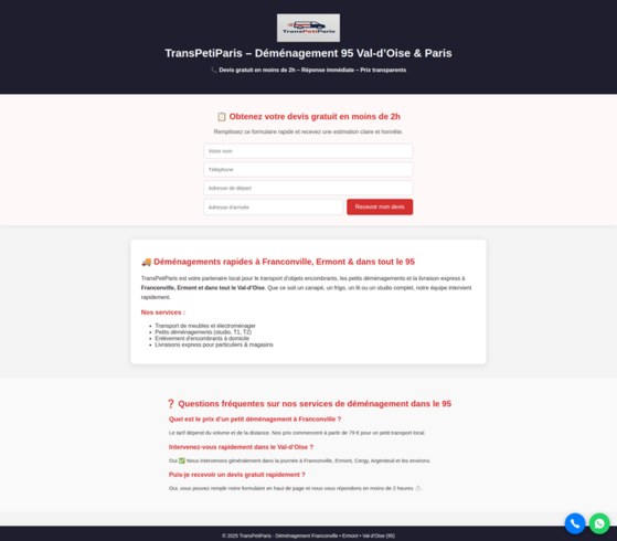 Site vitrine TransPetiParis — création de site web transport à Paris